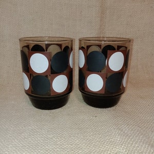 Amber Colored Drinking Glasses with Black and White Dots - 1970s - Vintage Kitchen Set of 2
