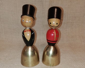 Wood Handled Brass Bells with Handle in shape of Toy Soldier and Guy with a Top Hat - Japanese Brass Bells - Handbell