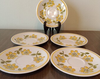 Set of 5 Mikasa Cera-Stone Twinkle D1301 Saucers - Yellow Daisy Flower Dinnerware - Mikasa Japan