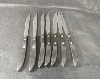 Set of 7 Capco Stainless Steel Japan Steak Knives - Vintage Kitchen - Black Handle - Double Rivet - Serrated - Cutlery - 1970s