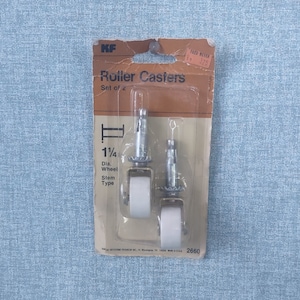 May include: A package of two 1 1/4 inch diameter roller casters with a stem type of 1/4 inch. The package is labeled "Roller Casters" and "Set of 2".