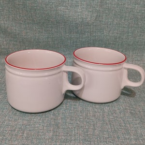 Set of 2 White with Red Rim Coffee Mugs JF022 Japan - Ceramic - Vintage Mugs