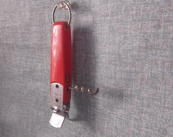 1970s Orange-Red Stainless Can Opener, Bottle Opener and Corkscrew - Vintage Kitchen Gadget