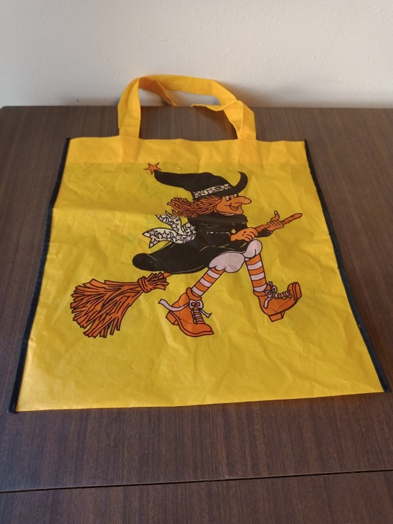 Vintage Yellow Nylon Trick or Treat Bag: Flying Witch Halloween