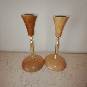 Beautiful Set of Oregon Myrtlewood Candlestick Holders with Brass Insert - 1970s Decor - Candle Holder - Wood
