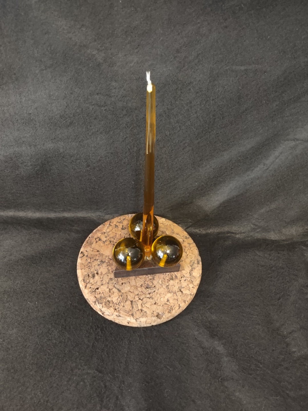 Amber Lucite Candlestick on Triangle Base With 3 Grapes at Bottom 1960s