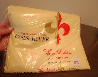 Vintage NOS Dan River Fine Muslin All Cotton - One Flat Sheet Pastel Yellow - 81"X 108" before Hemming - Vintage Material - Cotton