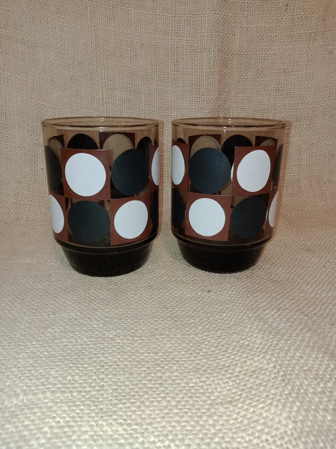 Amber Colored Drinking Glasses With Black and White Dots Etsy
