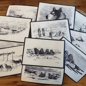 Vintage Florence Malewotkuk Behring Sea Originals Vinyl Placemats - Black and White Art - Alaska - Artwork by Florence Malewotuk