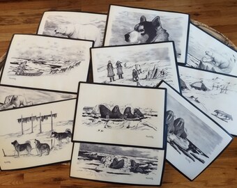 Vintage Florence Malewotkuk Behring Sea Originals Vinyl Placemats - Black and White Art - Alaska - Artwork by Florence Malewotuk