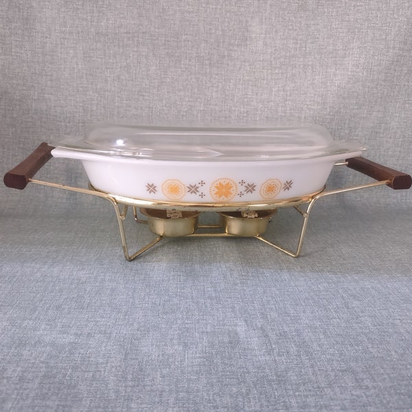 1960s PYREX Wood Handled Oval Chafing Dish Cradle - Brass Coated - Vintage PYREX - MCM Kitchen