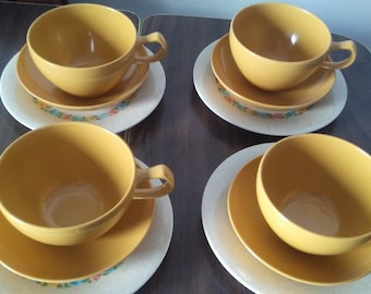 Mid Century Modern Harvest Gold Oneida Premier Small Plates, Cups, and Bowls- Plastic dinnerware-Vintage Kitchen- Retro- Melmac