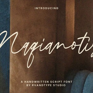 May include: The image showcases the word "Nagianotis" in a flowing, handwritten script font, set against a textured brown background. The text "Introducing" and "A Handwritten Script Font by RVandType Studio" are also visible.