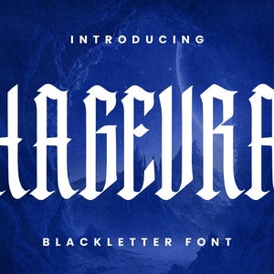 May include: A digital graphic featuring the word "HASEURA" in a bold, white, blackletter font. The text "INTRODUCING" is above, and "BLACKLETTER FONT" is below. The background is a dark blue, textured gradient.