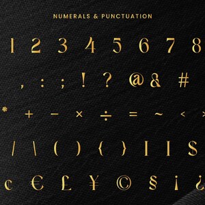 Puede incluir: N&uacute;meros y signos de puntuaci&oacute;n dorados sobre un fondo negro. La imagen incluye los n&uacute;meros del 0 al 9, junto con varios s&iacute;mbolos de puntuaci&oacute;n como puntos, comas, signos de interrogaci&oacute;n y s&iacute;mbolos de moneda. El texto "NUMERALS & PUNCTUATION" est&aacute; en la parte superior.