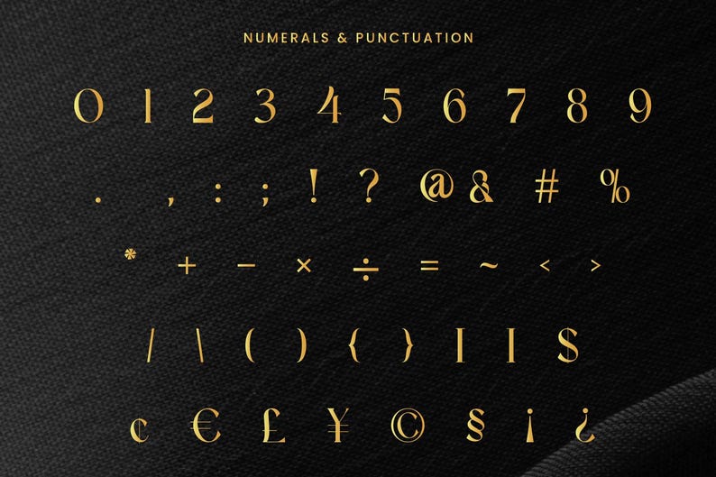 Puede incluir: N&uacute;meros y signos de puntuaci&oacute;n dorados sobre un fondo negro. La imagen incluye los n&uacute;meros del 0 al 9, junto con varios s&iacute;mbolos de puntuaci&oacute;n como puntos, comas, signos de interrogaci&oacute;n y s&iacute;mbolos de moneda. El texto "NUMERALS & PUNCTUATION" est&aacute; en la parte superior.
