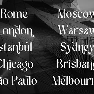 Puede incluir: Imagen en blanco y negro con los nombres de varias ciudades en una fuente decorativa. Las ciudades incluyen Roma, Londres, Estambul, Chicago, S&atilde;o Paulo, Mosc&uacute;, Varsovia, S&iacute;dney, Brisbane y Melbourne.