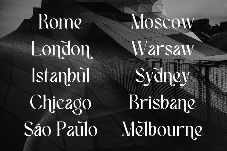 Puede incluir: Imagen en blanco y negro con los nombres de varias ciudades en una fuente decorativa. Las ciudades incluyen Roma, Londres, Estambul, Chicago, S&atilde;o Paulo, Mosc&uacute;, Varsovia, S&iacute;dney, Brisbane y Melbourne.