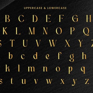 Puede incluir: Letras doradas del alfabeto en may&uacute;sculas y min&uacute;sculas sobre un fondo negro. Las letras se muestran en una fuente serif. El texto "UPPERCASE & LOWERCASE" est&aacute; en la parte superior de la imagen.