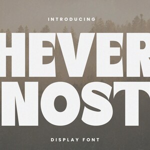 May include: A display font announcement with the words "HEVER NOST" in large, bold, white letters. The text "INTRODUCING" and "DISPLAY FONT" appear above and below the main text, respectively. The background is a blurred image of a forest.