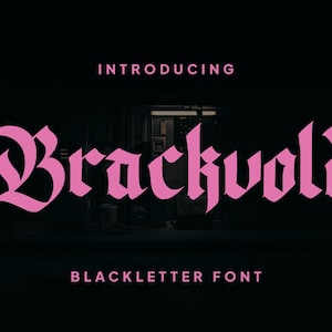 May include: A black background with the word "Brackvold" in a pink, gothic-style font. Above the word is "INTRODUCING" and below is "BLACKLETTER FONT", both in pink. The image has a dark, moody aesthetic.