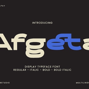 May include: A black background with the word "Afgeta" in a bold, modern font. The letters are a combination of off-white and blue. The text "INTRODUCING" is above the word, and "DISPLAY TYPEFACE FONT" is below.