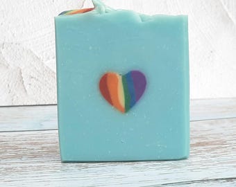 Rainbow Heart Black Raspberry Vanilla Scented Triple Butter Vegan Soap,  Unique Pride Bath Bar