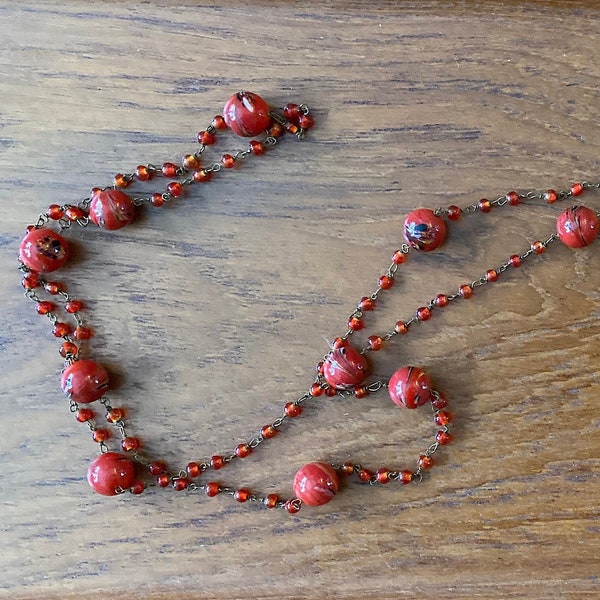 Art Deco Red Venetian Glass Beads and Wire Necklace