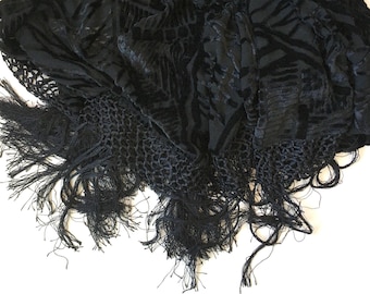 Art Deco Black Silk Velvet Devoré Fringed Shawl