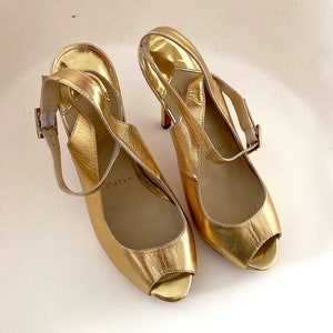 Vintage Christian Louboutin Gold Leather Peep Toe Platform Sandals, Size 36