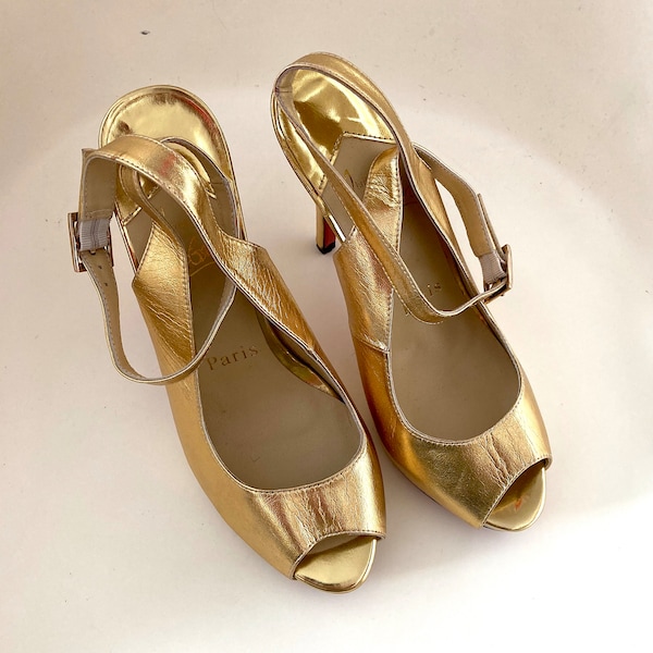 Vintage Christian Louboutin Gold Leather Ankle Strap Peep Toe High Heeled Platform Sandals