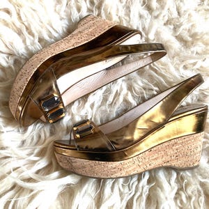 Vintage Prada Cork Wedges in Bronze Leather with Gems, Size 39