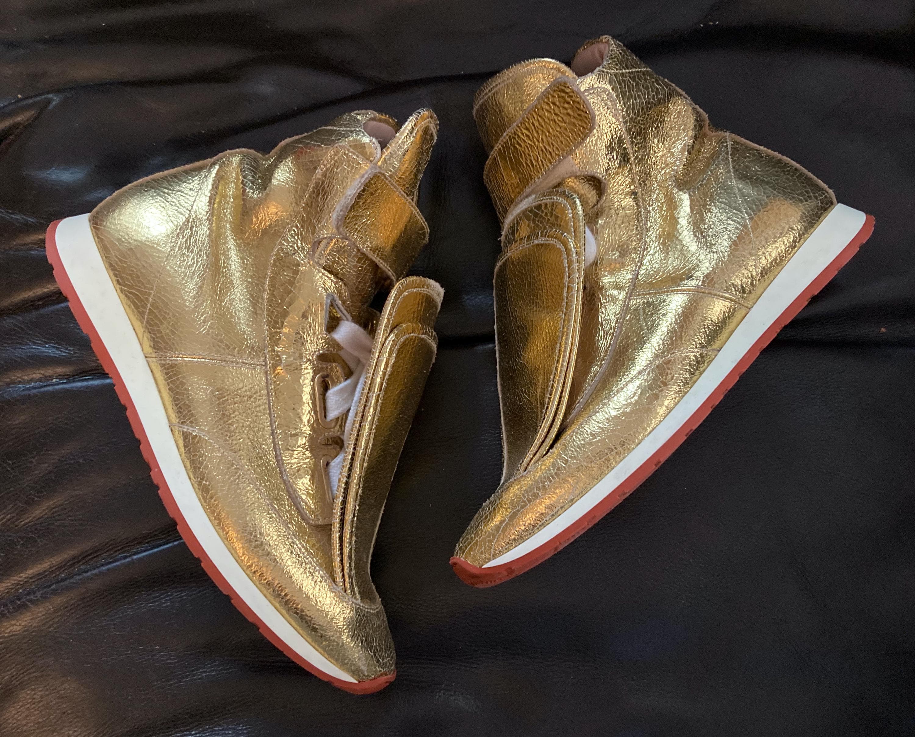 Vivienne Westwood Three Tongue Gold Leather Sneakers, Size EU 39