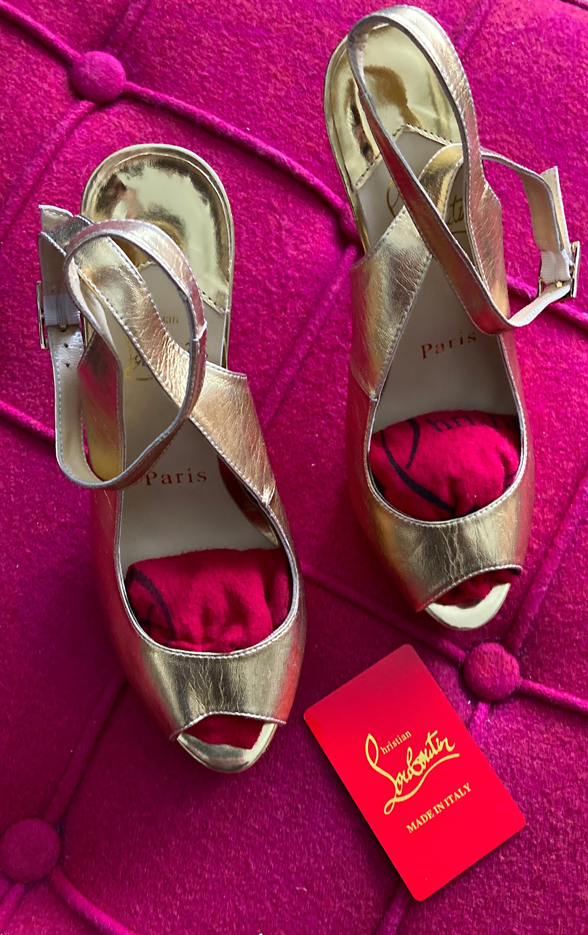 Vintage Christian Louboutin Gold Leather Ankle Strap Peep Vintage Christian Louboutin Gold Leather Ankle Strap Peep