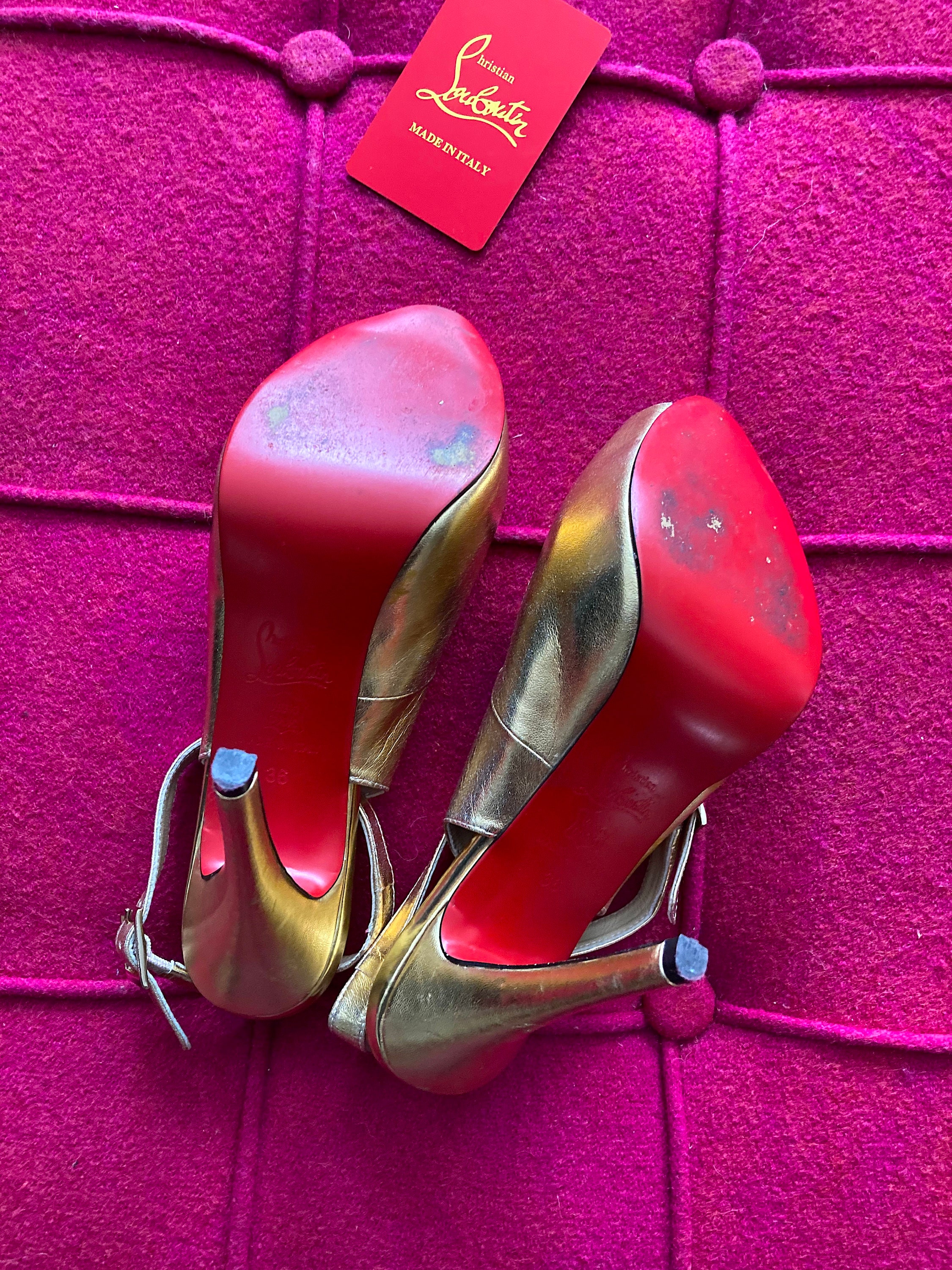 Vintage Christian Louboutin Gold Leather Ankle Strap Peep Vintage Christian Louboutin Gold Leather Ankle Strap Peep