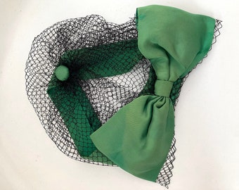 Vintage Green Satin Bow and Black Net Headpiece