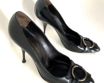 Vintage YSL Rive Gauche Black Leather Stiletto Heels, Size 39