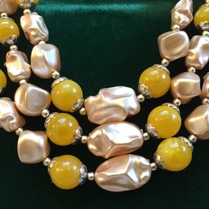 Mid-Century Three-Strand Beige and Yellow, Pearlised and Plastic Necklace