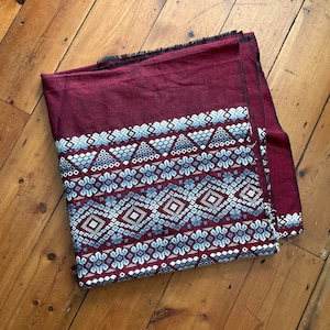 Vintage Woven Textile with Grey and White Geometric Motif on Red Ground