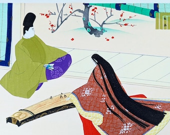 Japanese Woodblock Print: Masao Ebina Print - Kobai (Red Plum Blossoms)