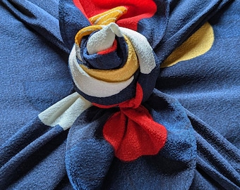 70cm Koetsu Chirimen Yuzen Furoshiki in Camellia Navy Blue