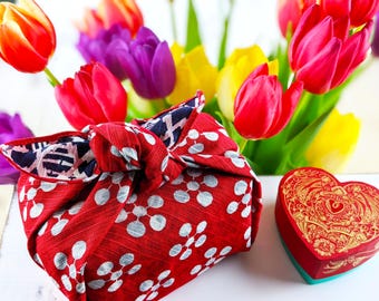 48cm Isa Monyo Reversible Furoshiki Gift Wrapping | Scarlet Apricot Blossom and Navy Pine