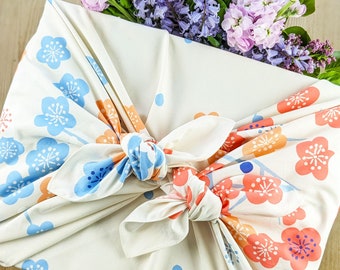 100cm Adeline Klam Organic Cotton Furoshiki | Japanese Apricot Pink/Blue