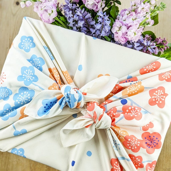 100cm Adeline Klam Organic Cotton Furoshiki | Japanese Apricot Pink/Blue