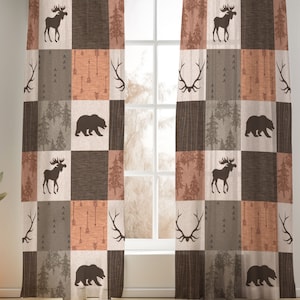 Rustic Woodland Nursery Curtains: Bear, Moose, and Pine Tree Print