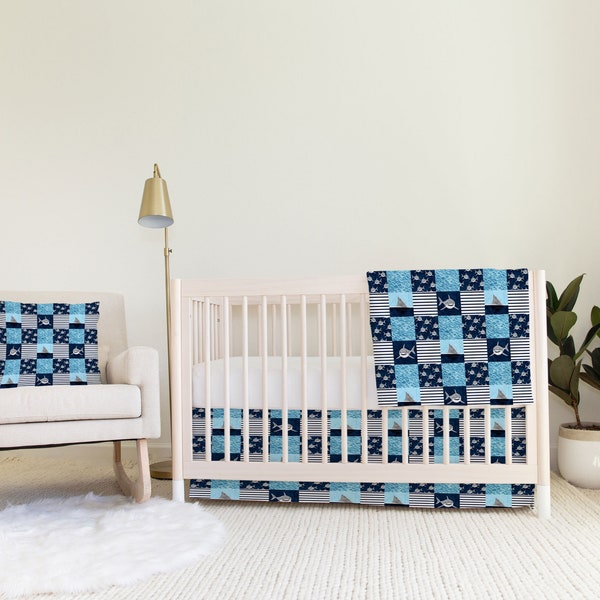 Blue Shark Baby Bedding Set Custom and Hand Made Just for You, Explore Now! Swaddle, Blanket, Changing Pad Cover, Crib Sheet and Skirt