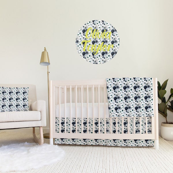 Navy Blue Peony Nursery Sets Custom and Hand Made Just for You, Explore Now! Swaddle, Blanket, Changing Pad Cover, Crib Sheet and Skirt