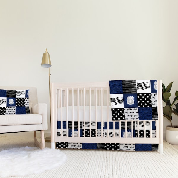 Police Patchwork Baby Bedding Set Custom & Hand Made Just for You, Explore Now! Swaddle, Blanket, Changing Pad Cover, Crib Sheet and Skirt