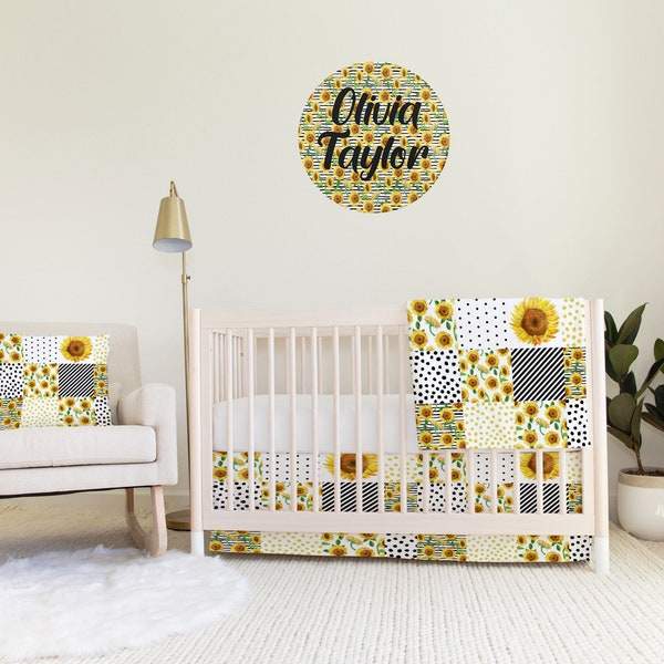 Sunflower Patchwork Baby Nursery set Custom and Hand Made Just for You, Explore Now! Blanket, Changing Pad Cover, Crib Sheet and Skirt