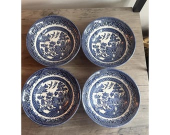 Conjunto de 4 tigelas de cereal Churchill Blue Willow, 15 cm (6 polegadas), fabricadas na Inglaterra.